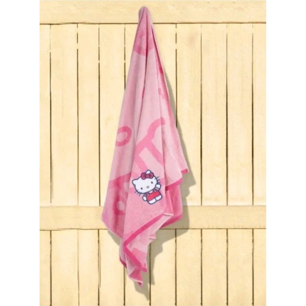 Hello Kitty Pink Embroidered Beach Towel 100% Cotton Sheared Velour 34x63 Sanrio